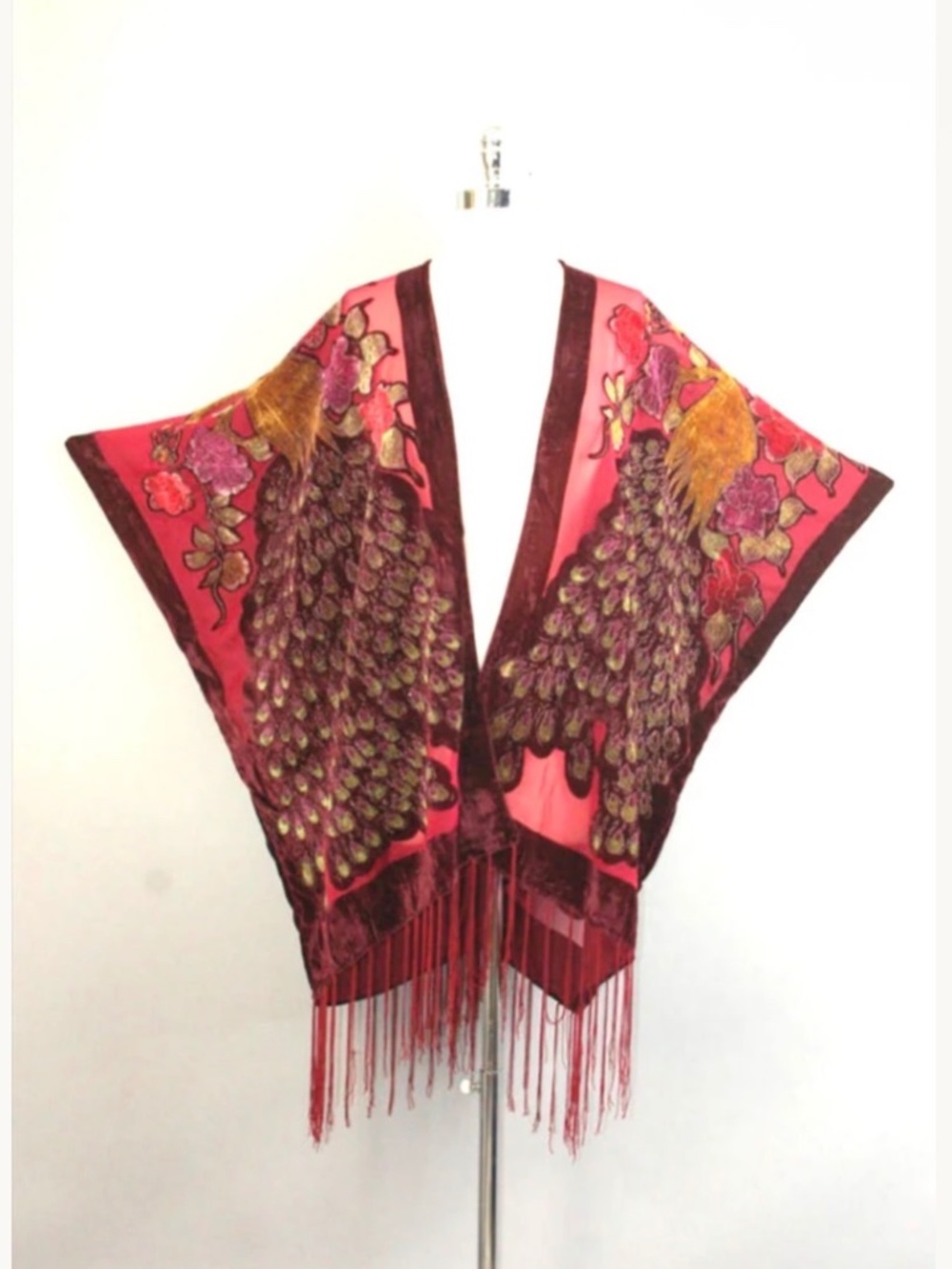 Red velvet, peacock kimono, Burnout Kimono, Velvet Robe, bathrobe, deep Red, gre
